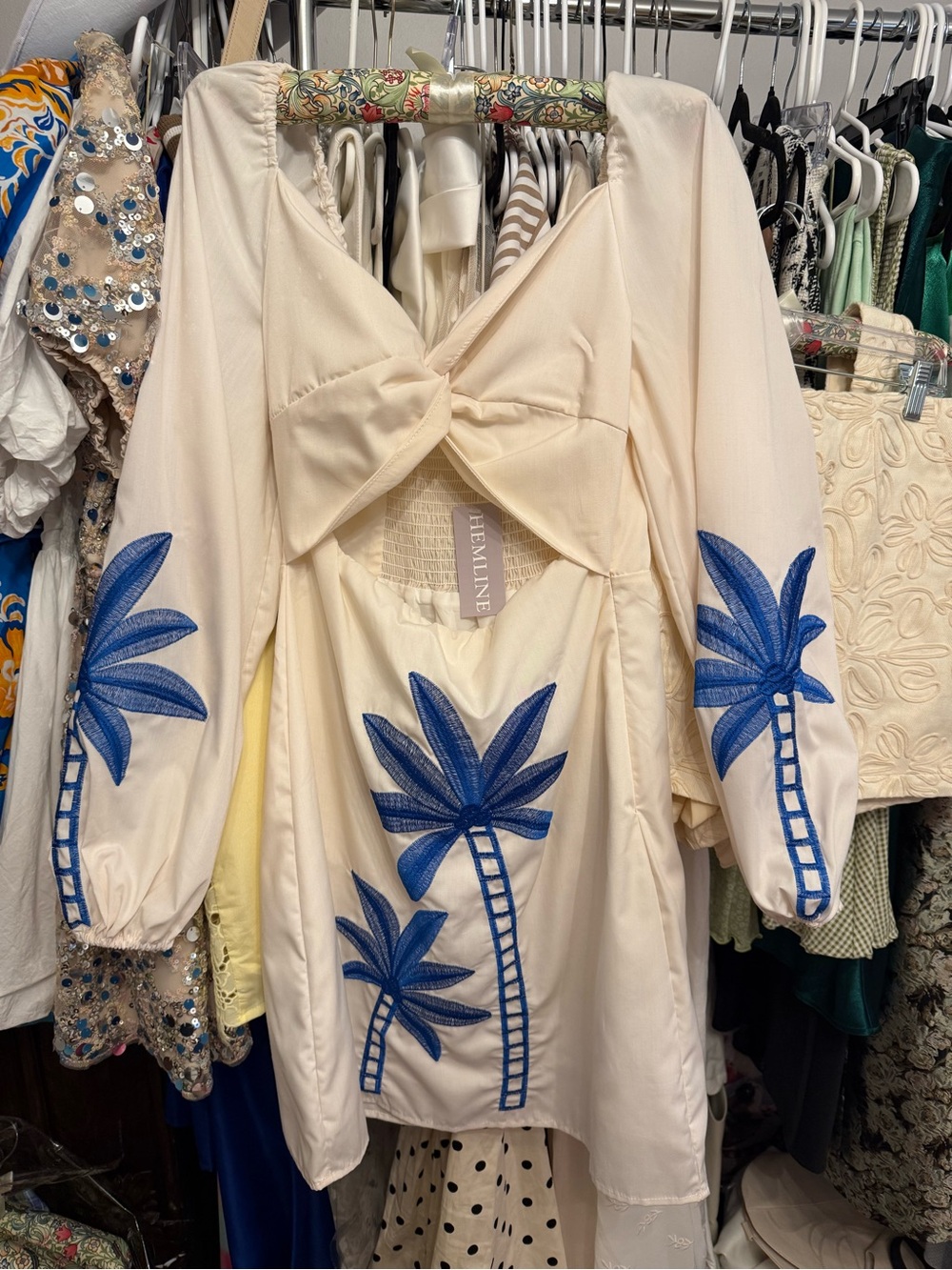 Hemlinen Cream Mini Dress with Blue Palm Embroidery